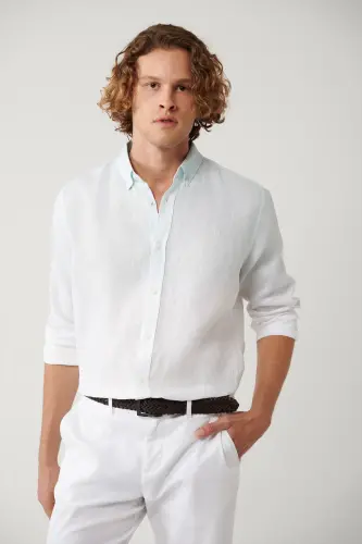 Men's Light Blue Button-Down Collar 100% Linen Colorblock Comfort Fit Shirt A41y2195 