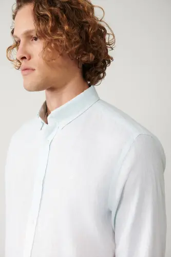 Men's Light Blue Button-Down Collar 100% Linen Colorblock Comfort Fit Shirt A41y2195 - AVVA (1)