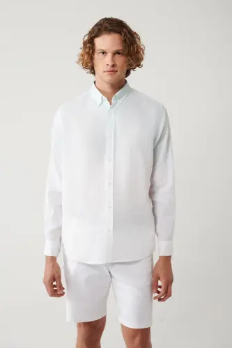 Men's Light Blue Button-Down Collar 100% Linen Colorblock Comfort Fit Shirt A41y2195 - 3