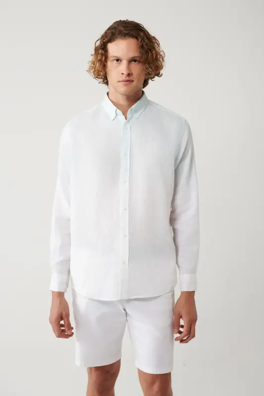 Men's Light Blue Button-Down Collar 100% Linen Colorblock Comfort Fit Shirt A41y2195 - 3