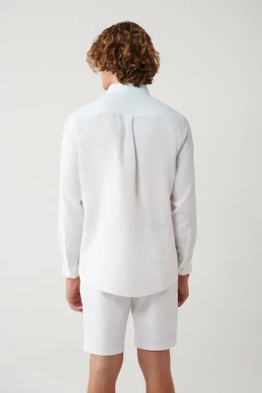 Men's Light Blue Button-Down Collar 100% Linen Colorblock Comfort Fit Shirt A41y2195 - 4