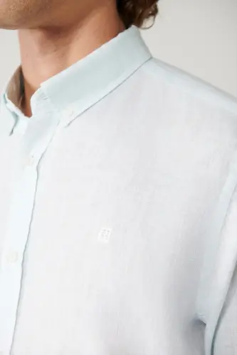 Men's Light Blue Button-Down Collar 100% Linen Colorblock Comfort Fit Shirt A41y2195 - 5