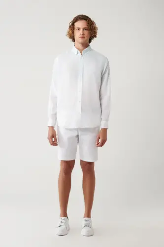 Men's Light Blue Button-Down Collar 100% Linen Colorblock Comfort Fit Shirt A41y2195 - 6