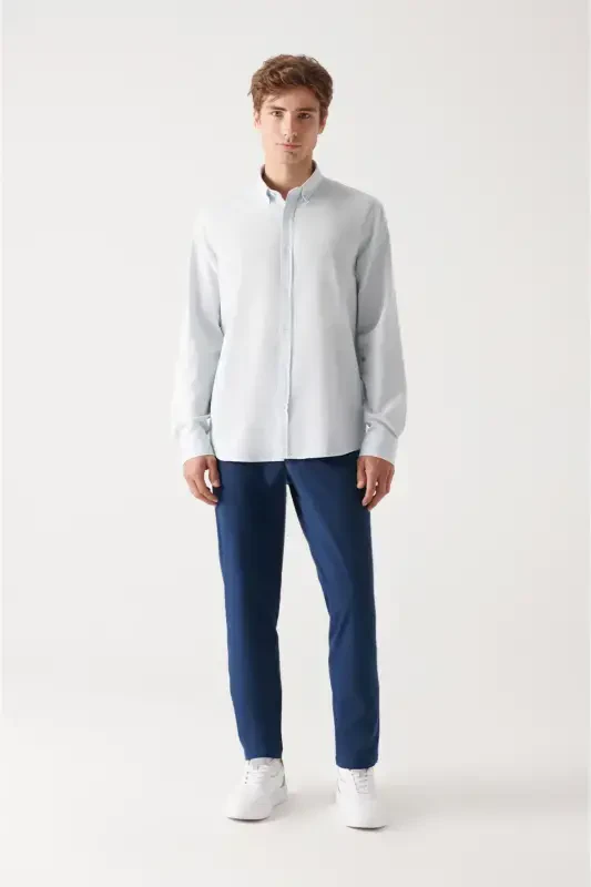 Men's Light Blue Button-Down Collar Comfort Fit 100% Cotton Linen Textured Shirt E002141 - 5