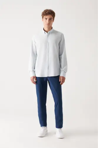 Men's Light Blue Button-Down Collar Comfort Fit 100% Cotton Linen Textured Shirt E002141 - 5