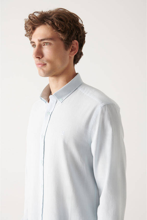 Men's Light Blue Button-Down Collar Comfort Fit 100% Cotton Linen Textured Shirt E002141 - 14