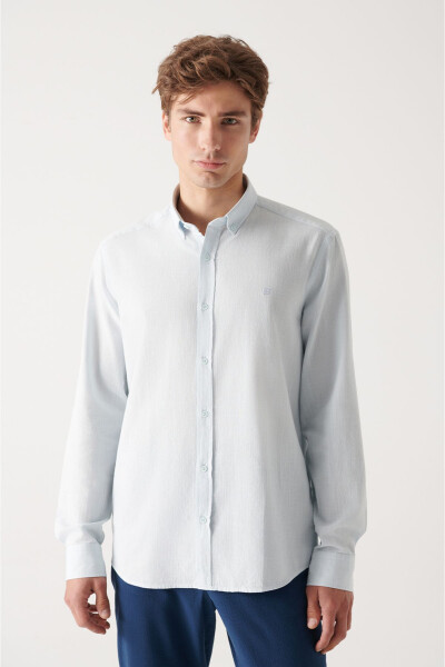 Men's Light Blue Button-Down Collar Comfort Fit 100% Cotton Linen Textured Shirt E002141 - 7