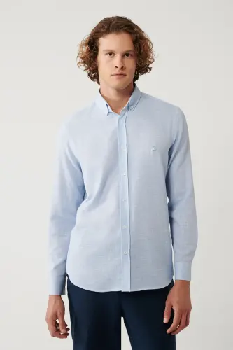 Men's Light Blue Button-Down Collar Cotton Textured Regular Fit Shirt A41y2130 