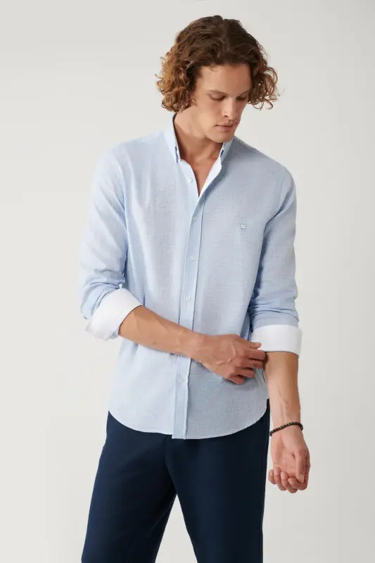 Men's Light Blue Button-Down Collar Cotton Textured Regular Fit Shirt A41y2130 - 3