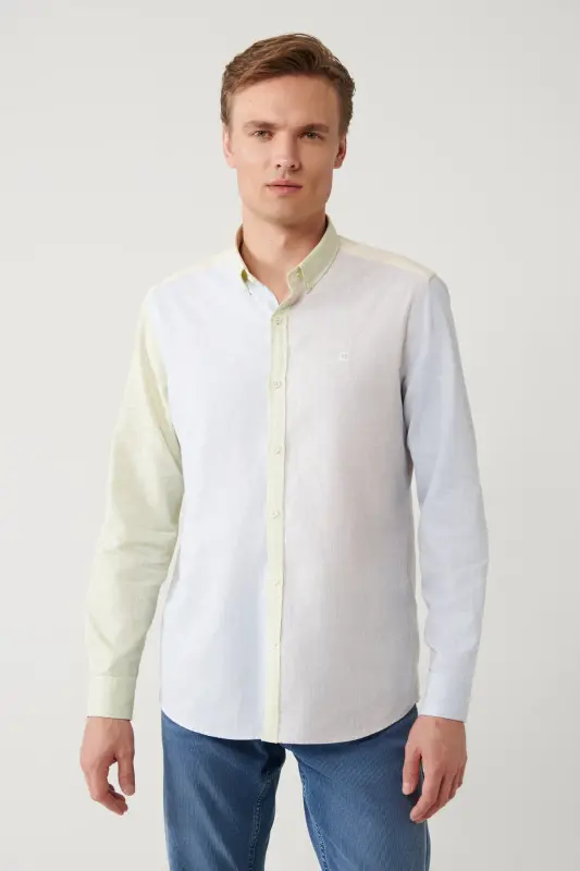 Men's Light Blue Button-Down Collar Linen Blend Regular Fit Shirt A41y2068 - AVVA