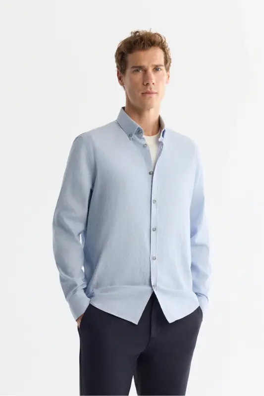 Men's Light Blue Button-Down Collar Shirt 100% Cotton Herringbone Flannel Regular Fit B002033 - 1