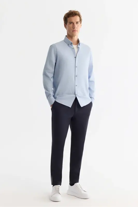 Men's Light Blue Button-Down Collar Shirt 100% Cotton Herringbone Flannel Regular Fit B002033 - 5