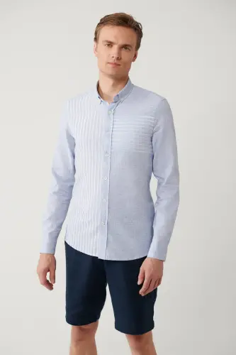 Men's Light Blue Button-Down Collar Striped Trim Linen Blend Regular Fit Shirt A41y2066 