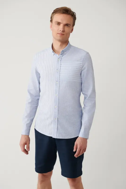 Men's Light Blue Button-Down Collar Striped Trim Linen Blend Regular Fit Shirt A41y2066 - AVVA