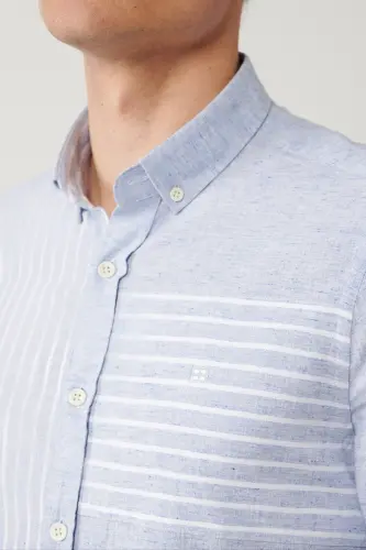 Men's Light Blue Button-Down Collar Striped Trim Linen Blend Regular Fit Shirt A41y2066 - AVVA (1)