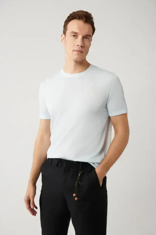 Men's Light Blue Crew Neck Garment Dyed T-shirt A41y5074-Light Blue - 1