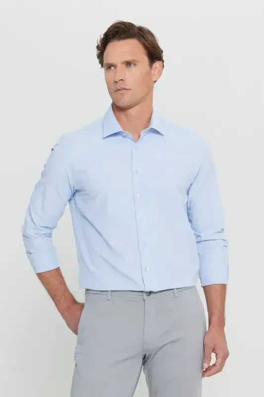 Men's Light Blue Easy Iron Non-Iron Slim Fit Narrow Cut Classic Collar Cotton Shirt-Light Blue - 1