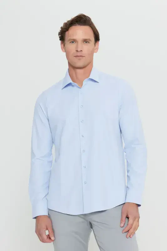 Men's Light Blue Easy Iron Non-Iron Slim Fit Narrow Cut Classic Collar Cotton Shirt-Light Blue - 4