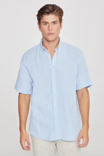 Men's Light Blue Linen Look 100% Cotton Textured Button-Down Collar Shirt Comfort Fit Relaxed Fit-Light Blue 