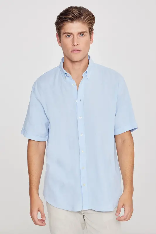 Men's Light Blue Linen Look 100% Cotton Textured Button-Down Collar Shirt Comfort Fit Relaxed Fit-Light Blue - 1