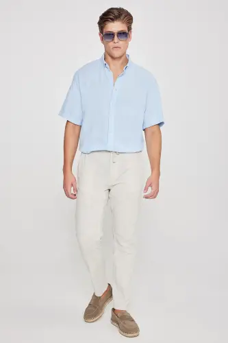 Men's Light Blue Linen Look 100% Cotton Textured Button-Down Collar Shirt Comfort Fit Relaxed Fit-Light Blue - MODAZONE (1)