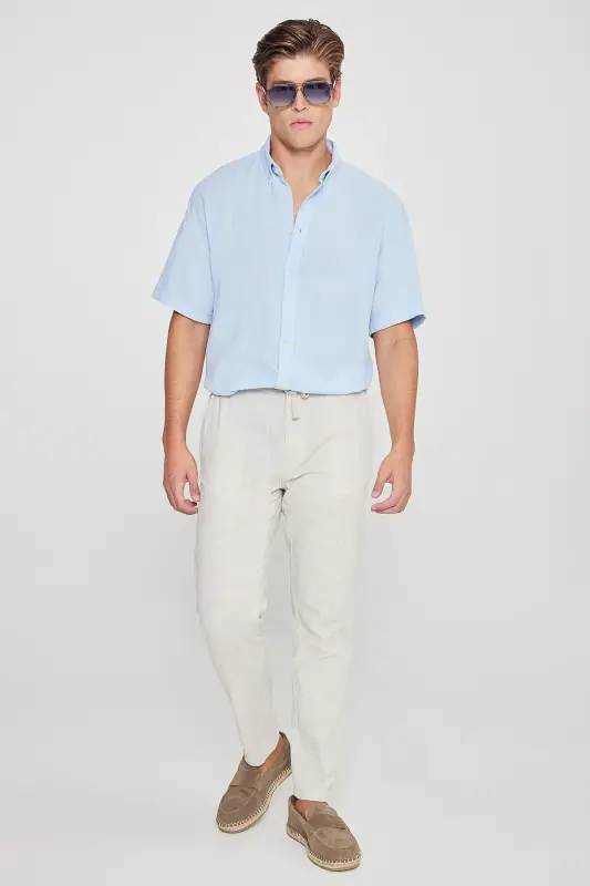 Men's Light Blue Linen Look 100% Cotton Textured Button-Down Collar Shirt Comfort Fit Relaxed Fit-Light Blue - 2