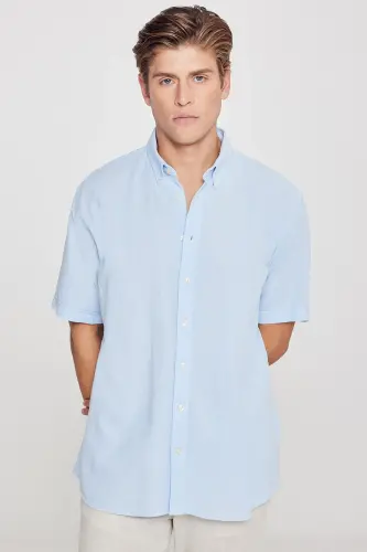 Men's Light Blue Linen Look 100% Cotton Textured Button-Down Collar Shirt Comfort Fit Relaxed Fit-Light Blue - 3