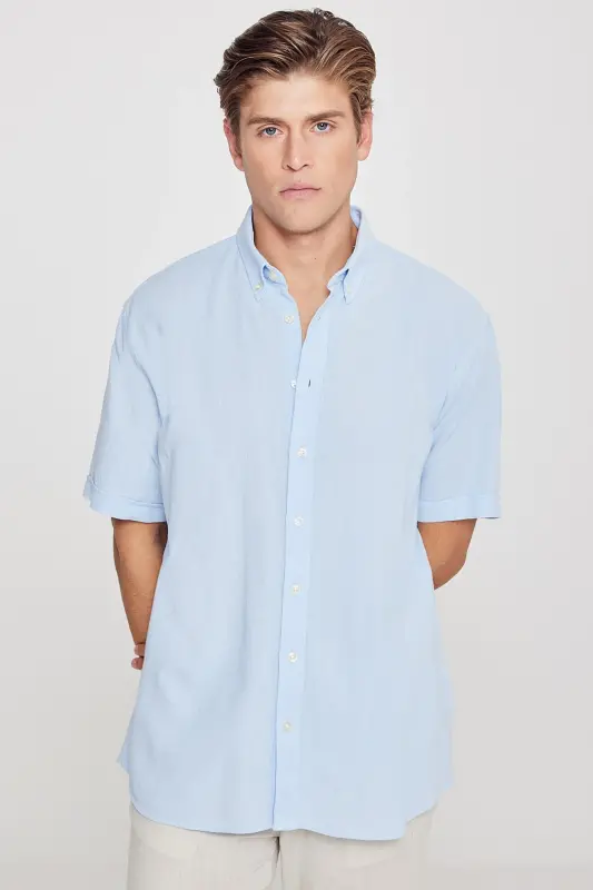 Men's Light Blue Linen Look 100% Cotton Textured Button-Down Collar Shirt Comfort Fit Relaxed Fit-Light Blue - 3