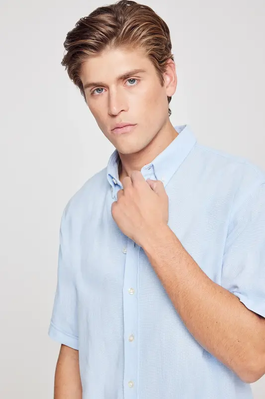 Men's Light Blue Linen Look 100% Cotton Textured Button-Down Collar Shirt Comfort Fit Relaxed Fit-Light Blue - 4