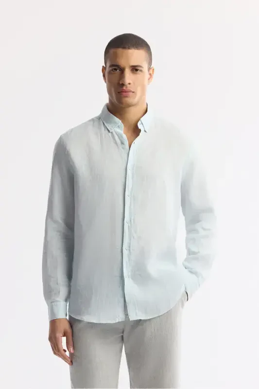 Men's light blue linen shirt, button-down collar, comfort fit, B002191 - AVVA