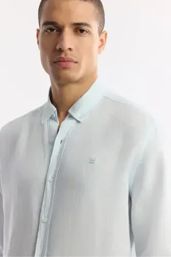 Men's light blue linen shirt, button-down collar, comfort fit, B002191 - AVVA (1)