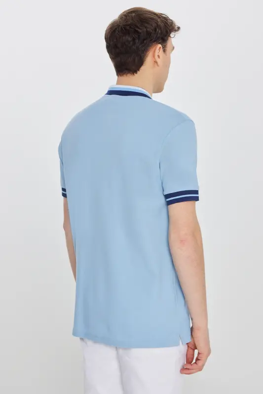 Men's Light Blue Slim Fit Narrow Cut 100% Cotton Wrinkle-Free Polo Neck T-Shirt - 8
