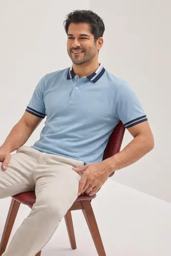 Men's Light Blue Slim Fit Narrow Cut 100% Cotton Wrinkle-Free Polo Neck T-Shirt 