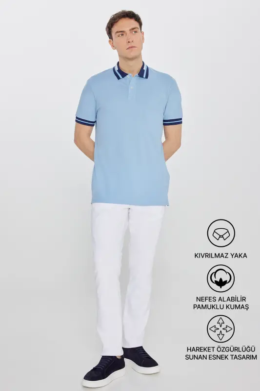Men's Light Blue Slim Fit Narrow Cut 100% Cotton Wrinkle-Free Polo Neck T-Shirt - 2