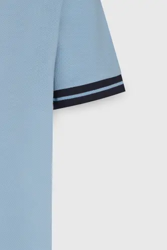 Men's Light Blue Slim Fit Narrow Cut 100% Cotton Wrinkle-Free Polo Neck T-Shirt - 8