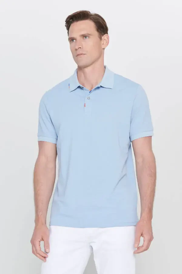 Men's Light Blue Slim Fit Narrow Cut Polo Neck Printed Cotton T-shirt - 1