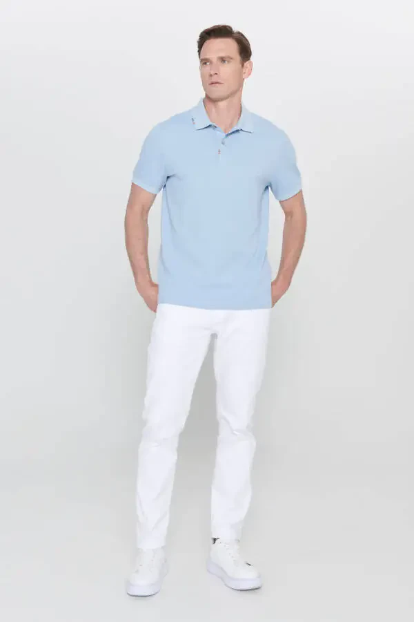 Men's Light Blue Slim Fit Narrow Cut Polo Neck Printed Cotton T-shirt - 2