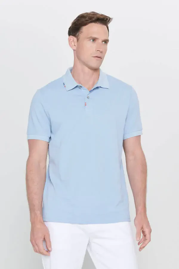 Men's Light Blue Slim Fit Narrow Cut Polo Neck Printed Cotton T-shirt - 3