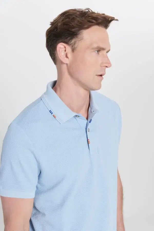 Men's Light Blue Slim Fit Narrow Cut Polo Neck Printed Cotton T-shirt - 4