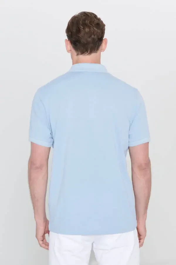 Men's Light Blue Slim Fit Narrow Cut Polo Neck Printed Cotton T-shirt - 5