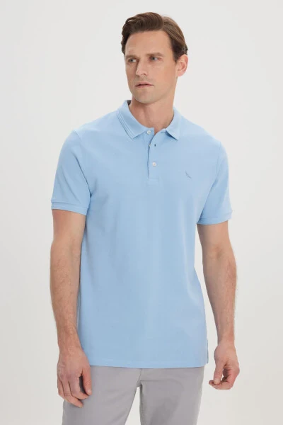 Men's Light Blue Slim Fit Polo Collar 100% Cotton Short Sleeve T-Shirt - 1