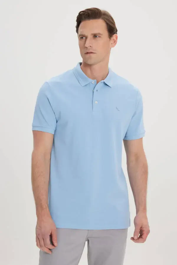 Men's Light Blue Slim Fit Polo Collar 100% Cotton Short Sleeve T-Shirt - 1