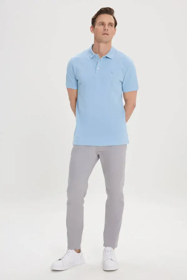 Men's Light Blue Slim Fit Polo Collar 100% Cotton Short Sleeve T-Shirt - 2