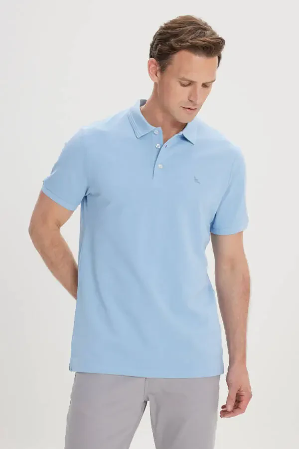 Men's Light Blue Slim Fit Polo Collar 100% Cotton Short Sleeve T-Shirt - 3