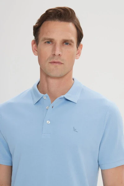 Men's Light Blue Slim Fit Polo Collar 100% Cotton Short Sleeve T-Shirt - 4