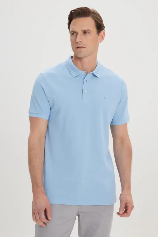 Men's Light Blue Slim Fit Polo Collar 100% Cotton Short Sleeve T-Shirt - Light Blue - 1