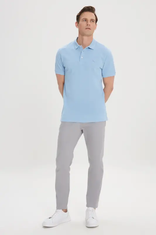 Men's Light Blue Slim Fit Polo Collar 100% Cotton Short Sleeve T-Shirt - Light Blue - 2