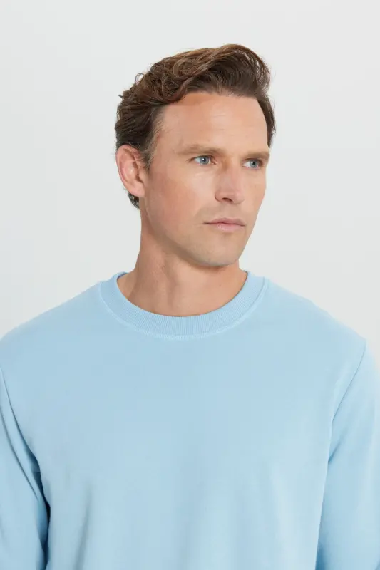 Men's Light Blue Standard Fit Regular Fit Crew Neck 3-Thread Cotton Sweatshirt - Light Blue - 4