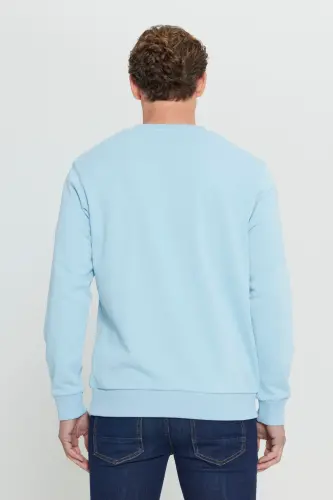 Men's Light Blue Standard Fit Regular Fit Crew Neck 3-Thread Cotton Sweatshirt - Light Blue - 5
