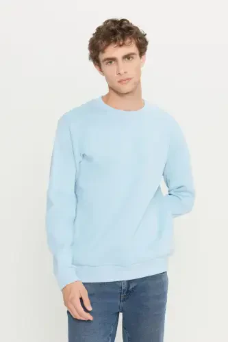 Men's Light Blue Standard Fit Regular Fit Fleece Lined 3 Thread Crew Neck Cotton Sweatshirt - Light Blue - 1